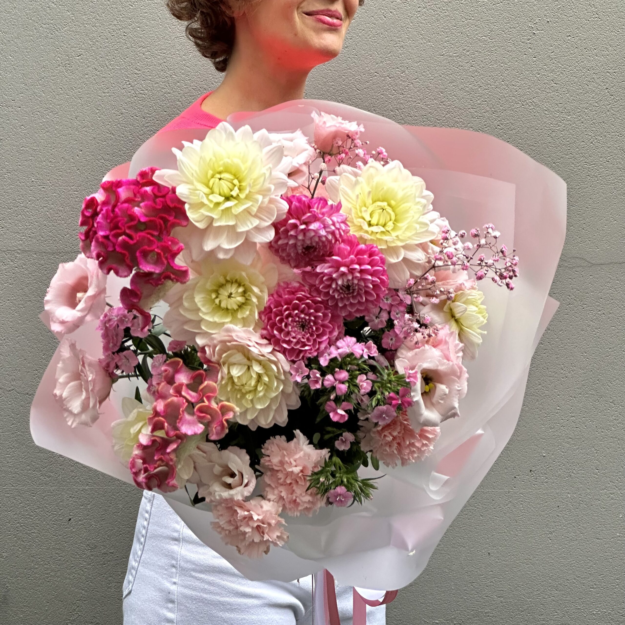 Boeket bloemen pink geel